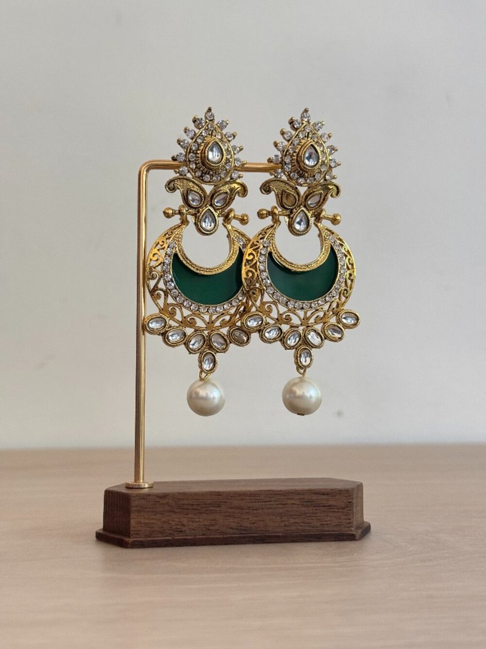 Green Crescent Moon Pearl Drop Dangle Earrings